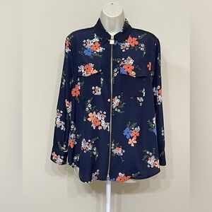 Michael Kors Women’s Blue Floral Print Full Zip Roll Tab Sleeve Elegant Blouse L